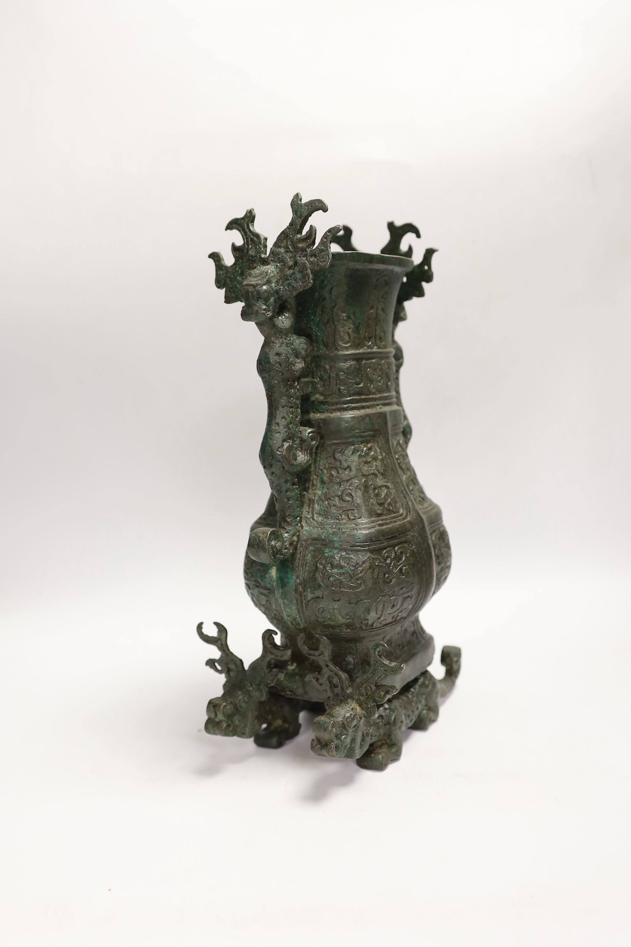 A Chinese archaistic bronze vessel, Fangzhun, Shang style, 31.5cm